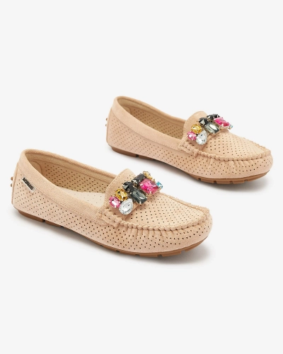 Светло-коричневые женские ажурные мокасины с разноцветным декором Aqitic - Обувь