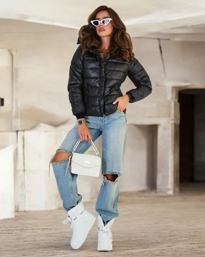 Royalfashion Черная женская стеганая куртка с капюшоном