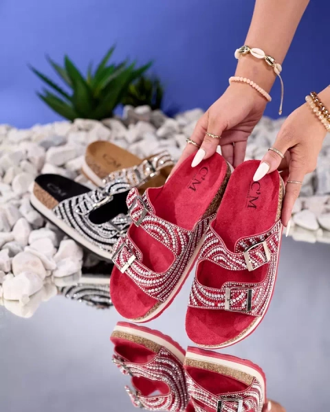 Moteriškos šlepetės su kubiniais cirkoniais raudonos spalvos Lalud-Shoes
