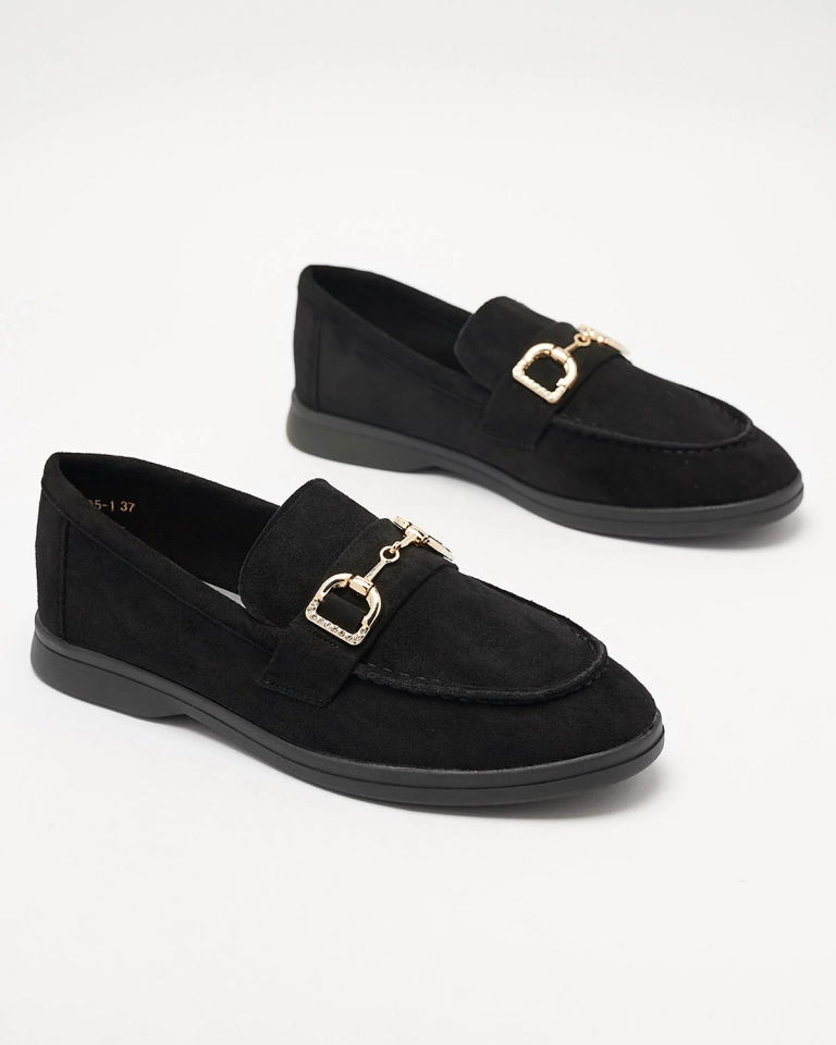 Juodi moteriški mokasinai su aukso puošmena Neterri - Avalynė