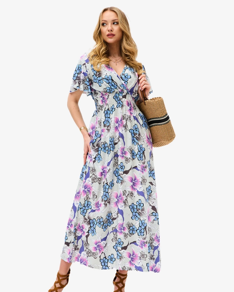 Moteriška šviesiai pilka midi suknelė su gėlių raštu - Apranga