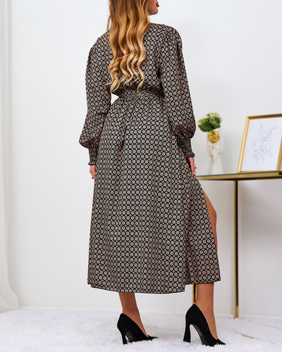 Royalfashion Бежево-черное узорчатое женское платье-макси