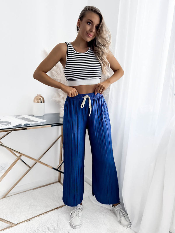 Navy blue moteriškos plačios klostuotos palazzo kelnės - Apranga