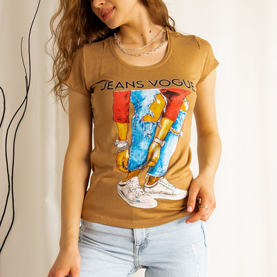 Светло-коричневая женская футболка с принтом (Турция)