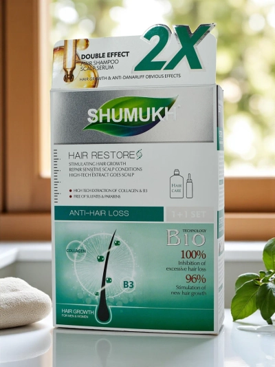 Shumukh šampūnas ir serumas plaukams 2 viename – stimuliuojantis plaukų augimą