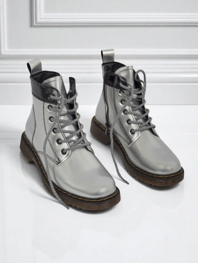 Celestina Eco Patent Leather Silver Ankle Boots with Zipper
