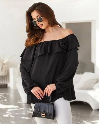 Royalfashion moterims off-the-shoulder bluzoną su volanu ir gėle