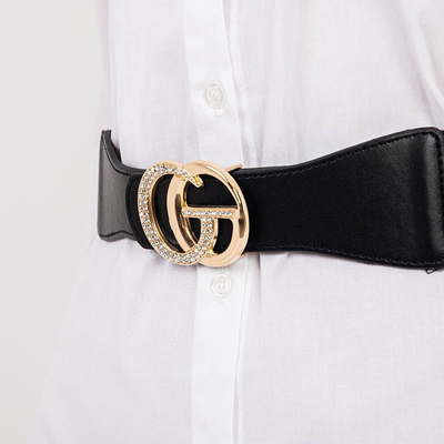 Женский черный эластичный ремень с золотой пряжкой - Аксессуары