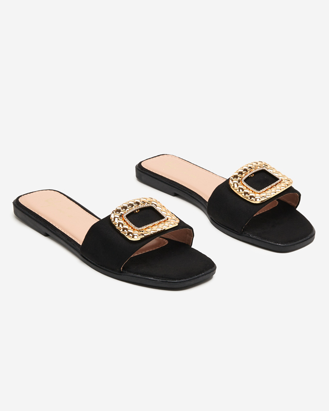 OUTLET Черные женские тапочки из эко замши с золотой пряжкой Lozi. Обувь