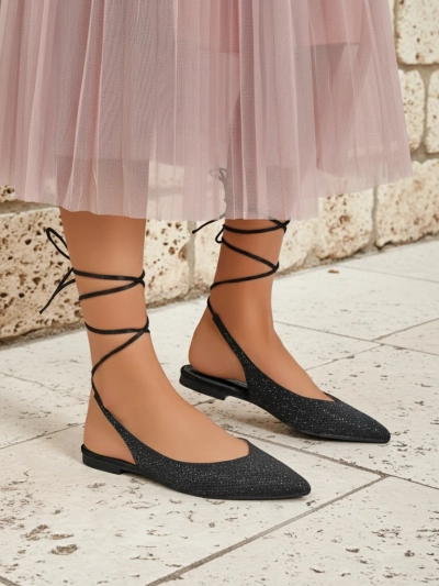Damiane Nero Sandals - Black Tie-Up Ballerinas with Fabric and Flat Heel