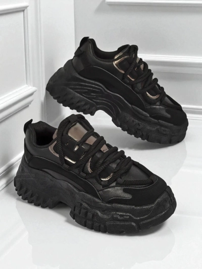 Aurelia Nero – Damskie Sneakersy Chunky ze Skóry Ekologicznej Czarne 6,5 cm