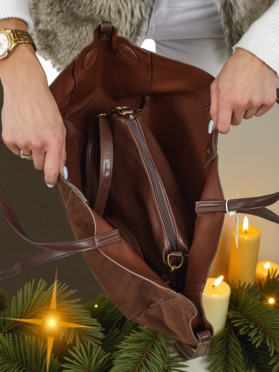 Moteriška pirkinių rankinė eko zomšinė su mažesne eko odine rankine komplekte 2in1 Elinea