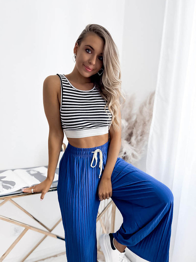 Navy blue moteriškos plačios klostuotos palazzo kelnės - Apranga