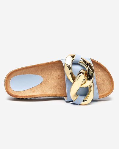 Sandały damskie Callista Royalfashion z łańcuchem – ecru/niebieskie, płaski obcas