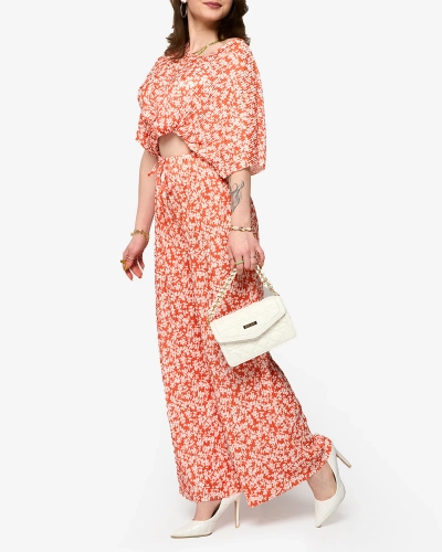 Oranžinis moteriškas languotas rinkinys su juodomis gėlėmis - Apranga