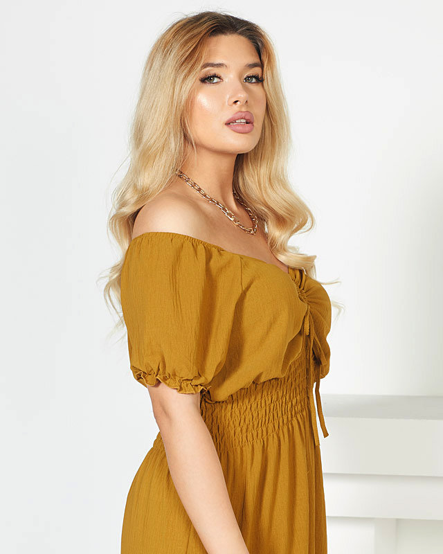 Midi suknelė elastingu juosmeniu - garstyčių spalvos - Drabužiai