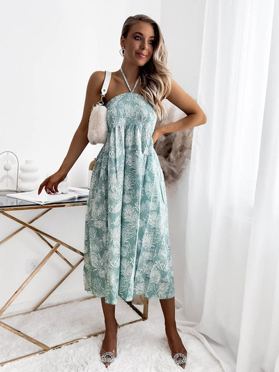 Moteriška midi suknelė su gėlių motyvais, mėtų spalvos, balta PLUS SIZE - Apranga