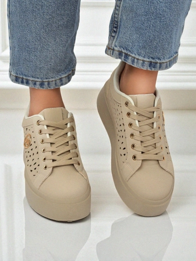 Cleo Ecru Platino – бежевые кроссовки на платформе Royalfashion экокожа