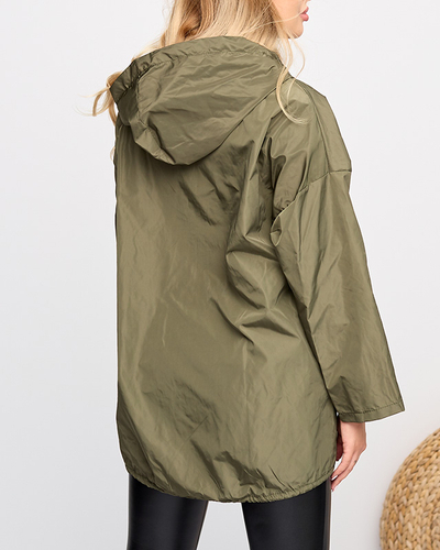 Ветровка женская длинная темно-зеленая с нашивкой - Одежда