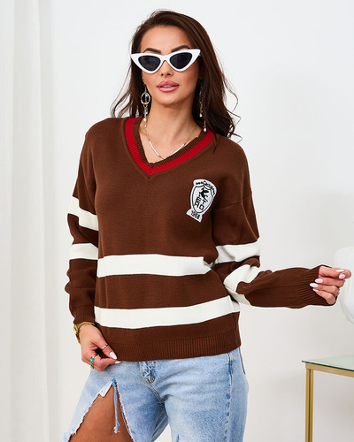 "Royalfashion" Tamsiai rudas dryžuotas moteriškas megztinis