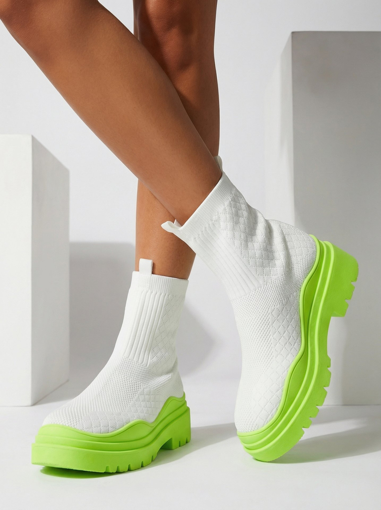 Baltos ir žalios spalvos moteriški batai plokščiu kulnu Seritis - Avalynė