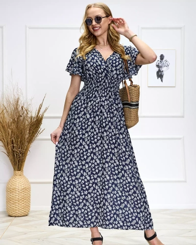 Navy blue moteriška maxi suknelė su gėlių raštais - Apranga