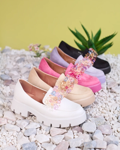 OUTLET Royalfashion Фиолетовые женские мокасины с разноцветными кристаллами Crystal Glam