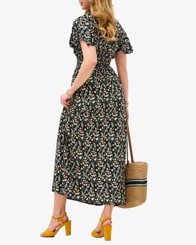 Juoda gėlėta midi ilgio moteriška suknelė - Apranga