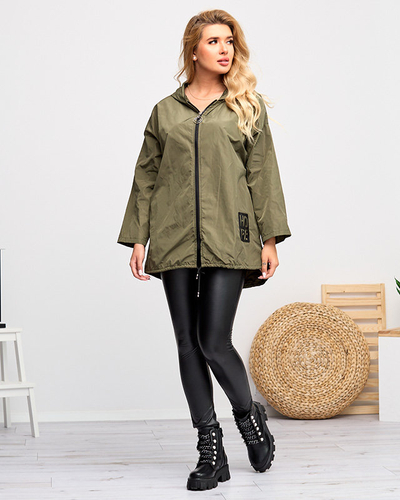 Ветровка женская длинная темно-зеленая с нашивкой - Одежда