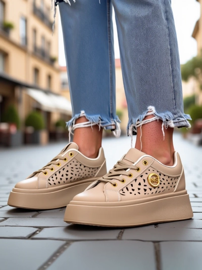 Cleo Ecru Platino – beżowe sneakersy na platformie Royalfashion skóra eko