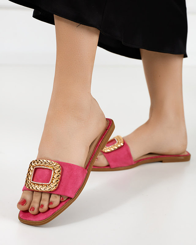 OUTLET Fuchsia moteriškos ekologiškos zomšinės šlepetės su auksine sagtimi Lozi. Avalynė