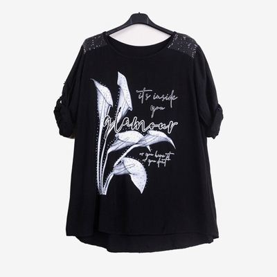 Czarna tunika damska z printem i napisami - Odzież