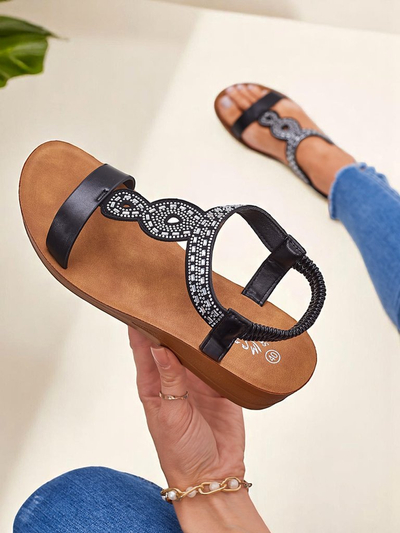 Сандалии на танкетке Perseida Royalfashion черные из эко-кожи с кристаллами 4,5cm