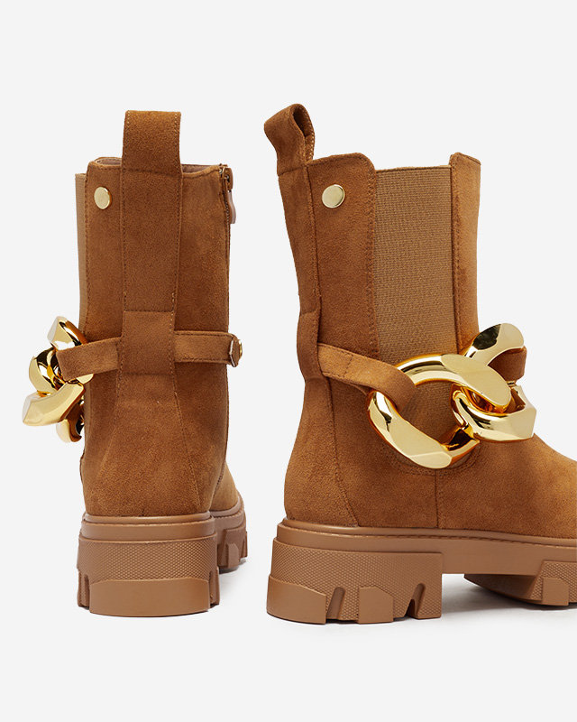 OUTLET Женские высокие сапоги с золотой цепочкой в верблюжьем цвете Elrudi - Обувь