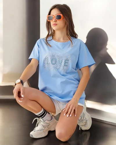 Royalfashion Moteriška medvilninė T-shirt MEILĖ su blizgučiais