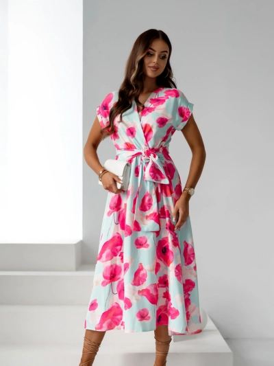 Женское миди-платье Royalfashion с короткими рукавами и обертывающим декольте в весенний цветочный принт