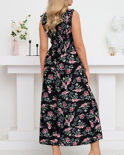 Moteriška ilga juoda gėlėta suknelė – drabužiai