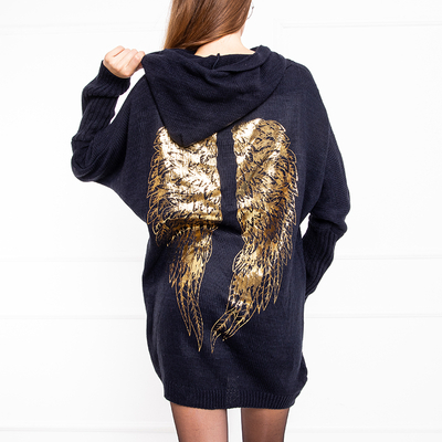 Темно-синий женский удлиненный свитер с принтом в виде крыльев