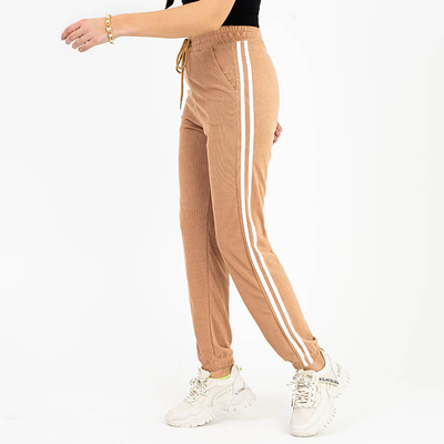 Šviesiai rudos moteriškos sportinės kelnės baltomis juostelėmis - Drabužiai