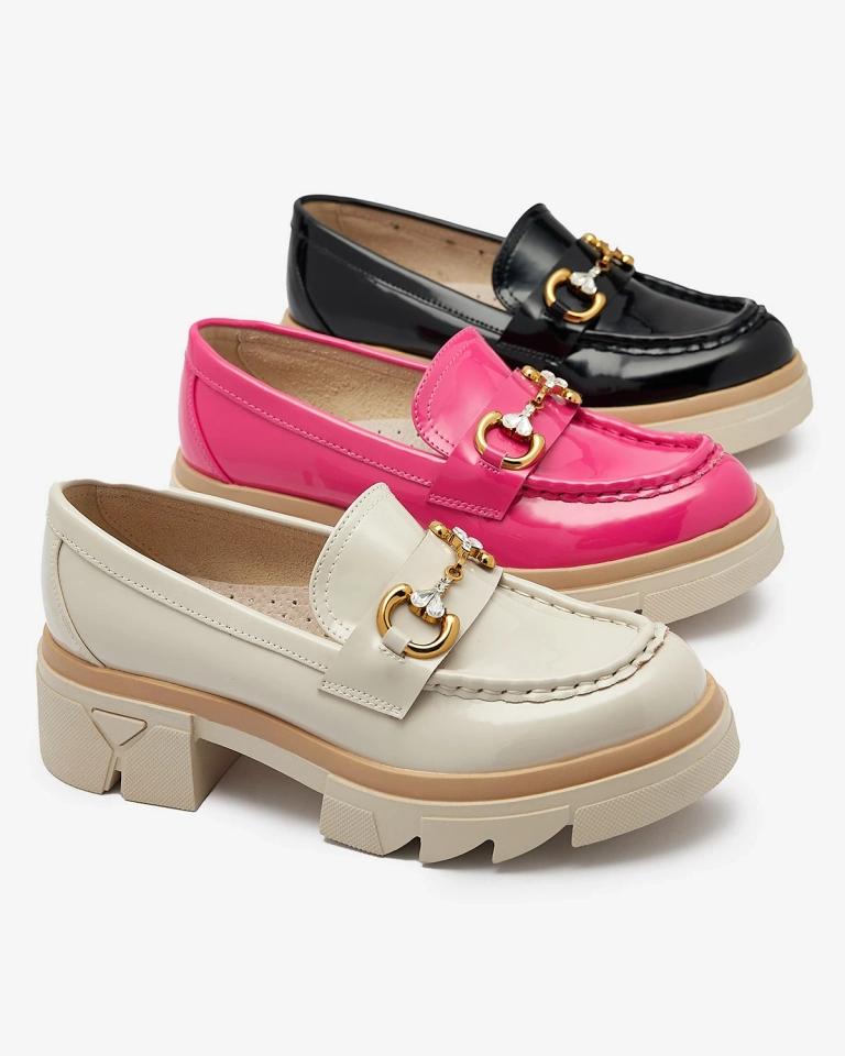 Lakuoti fuksijos spalvos moteriški mokasinai su kristalais Inriw - Avalynė