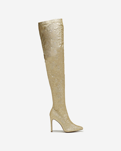 Золотые женские сапоги выше колена с блестками Qesda- Footwear
