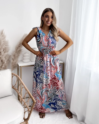 Raštuota mėlyna ir rožinė moteriška midi suknelė Apranga