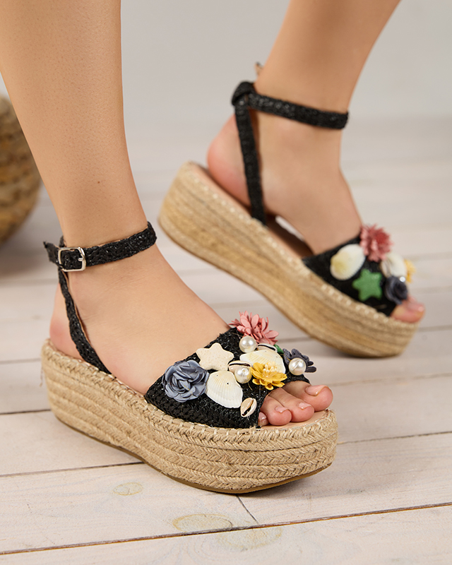 Босоножки женские черные а-ля эспадрильи с декоративным верхом Soramis - Обувь