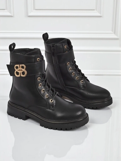 Artemisia Nero leather ankle boots with a round toe, zipper and gold buckle