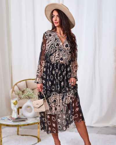 Royalfashion Juodos ir smėlio spalvos tinklinė midi suknelė su raštu