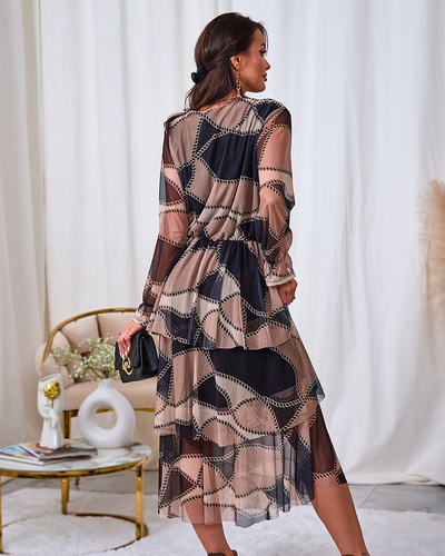 Royalfashion Черное и светло-коричневое платье-миди из сетки с принтом