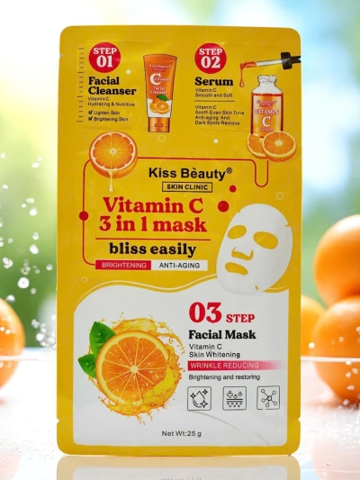 3-in-1 kaukė – 1 veido valymas, 2 serumas, 3 švytėjimo suteikianti kaukė su vitaminu C