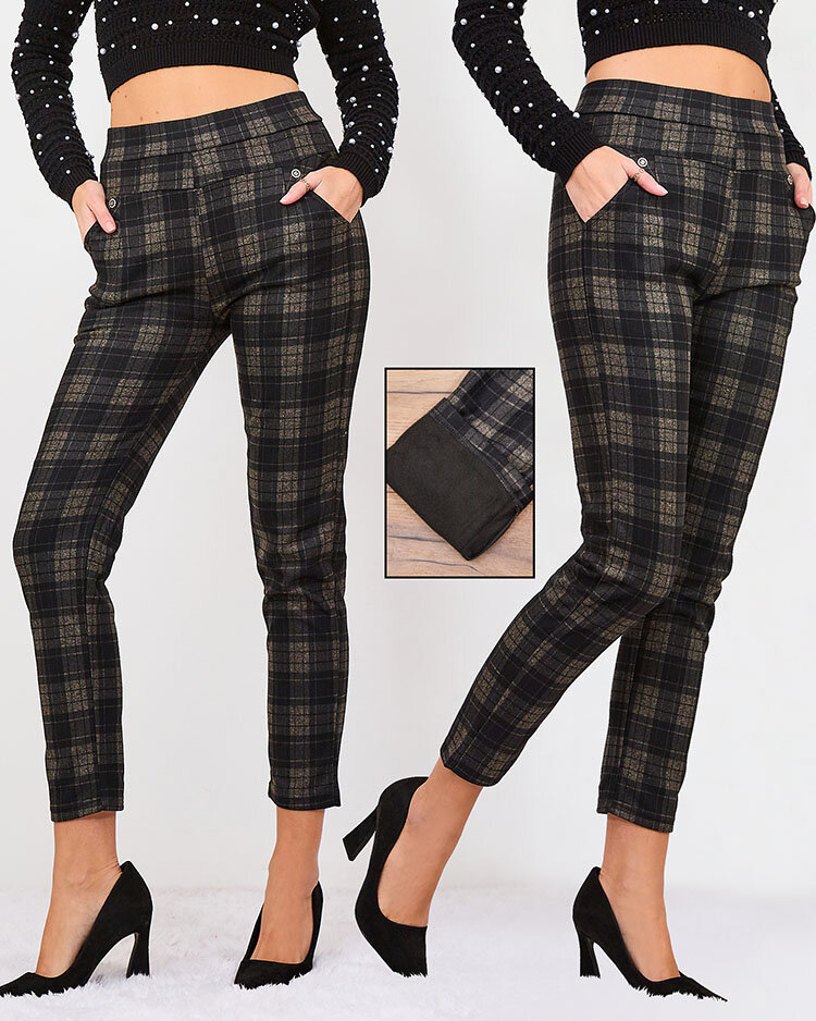 Royalfashion Серо-коричневые женские утепленные треггинсы в клетку