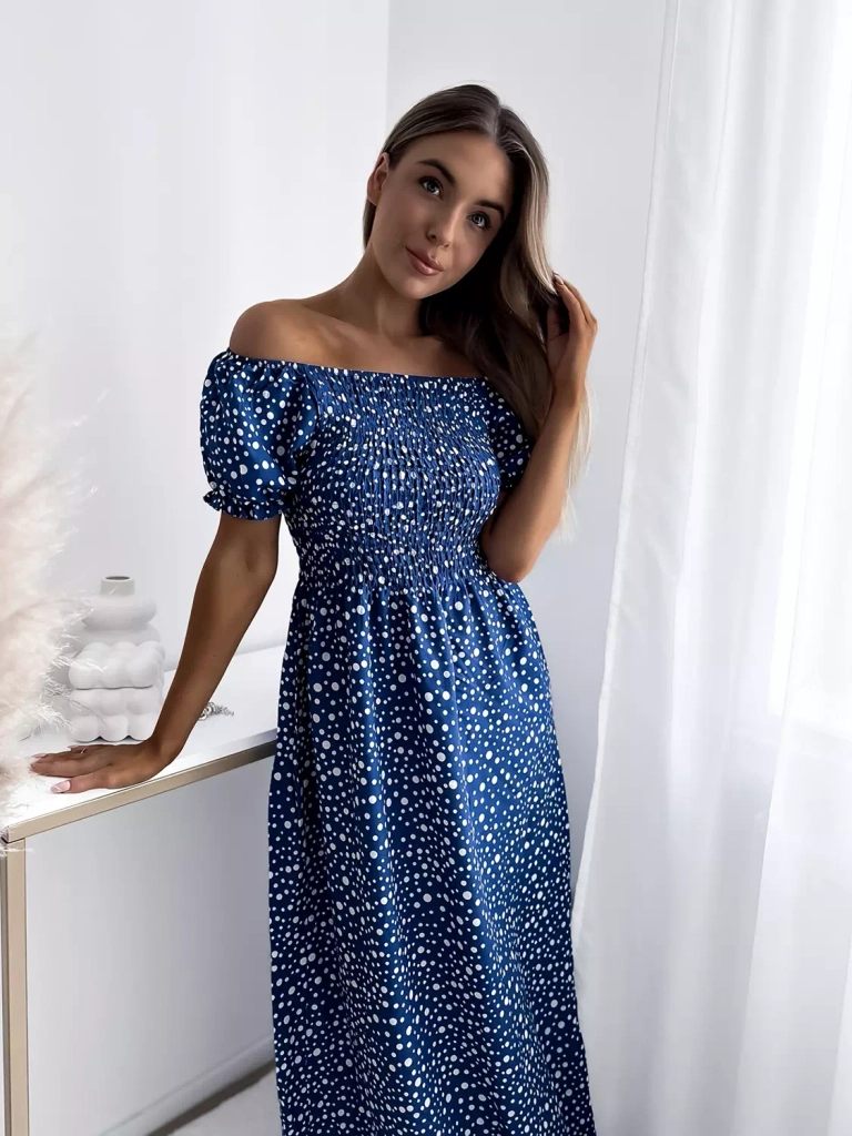 Голубое женское платье-макси в горошек- Одежда