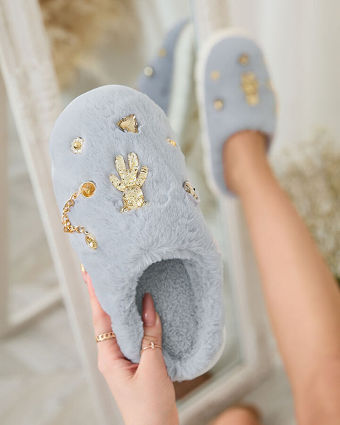 Royalfashion Mėlynos moteriškos kailinės šlepetės su ornamentais Erserra